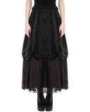 Dark In Love Womens Long Gothic Velvet & Lace Layered Bustle Maxi Skirt - Black & Red