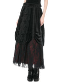 Dark In Love Womens Long Gothic Velvet & Lace Layered Bustle Maxi Skirt - Black & Red