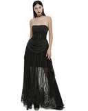 Punk Rave Womens Long Gothic Mesh Strapless Dress With Embroidered Lace