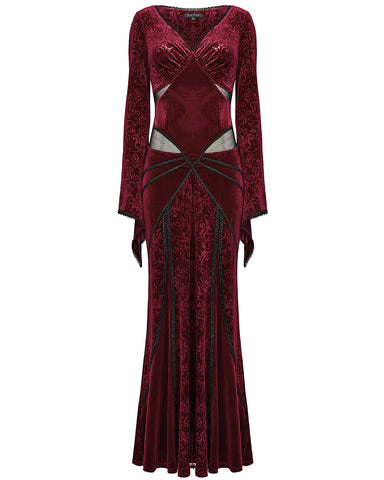 Punk Rave Womens Long Baroque Gothic Embossed Velvet Maxi Dress - Red