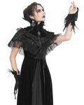 Eva Lady Womens Baroque Gothic Devore Velvet Feathered Shrug Cape Cloak Black