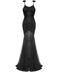 Eva Lady Long Gothic Flocked Velvet Mesh Mermaid Evening Dress