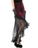 Dark In Love Long Gothic Vampire Crushed Velvet & Lace Fishtail Skirt - Red & Black