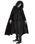 Devil Fashion Mens Long Gothic Hooded Cloak Coat Black Velvet Faux Fur Steampunk