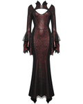 Punk Rave Womens Long Gothic Fitted Maxi Dress With Mesh Contrast - Red & Black