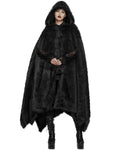 Punk Rave Womens Long Gothic Faux Fur Asymmetric Hooded Winter Cloak - Black