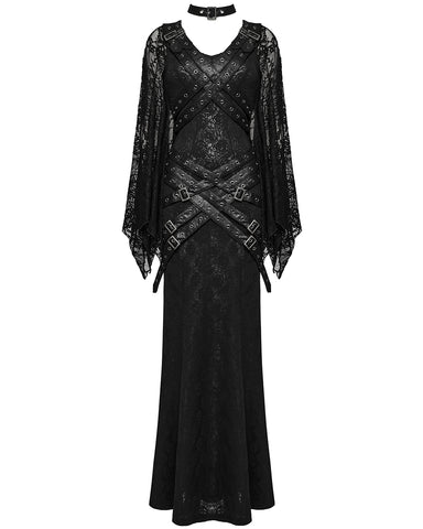 Punk Rave Womens Gothic Lace Batwing Caped Maxi Dress