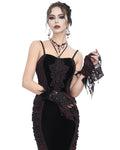 Eva Lady Dark Devore Baroque Gothic Velvet Beaded Cuff Gloves - Black & Red