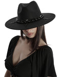 Punk Rave Daily Life Womens Gothic Beaded Wide Brim Fedora Hat - Black