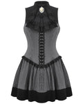 Dark In Love Preppy Corporate Gothic Lace Cravat Pinstripe Mini Dress GreyBlack