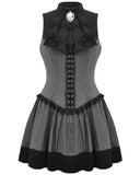 Dark In Love Dark Preppy Corporate Gothic Lace Cravat Pinstripe Mini Dress - Grey & Black