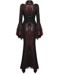 Punk Rave Womens Long Gothic Fitted Maxi Dress With Mesh Contrast - Red & Black