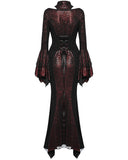 Punk Rave Womens Long Gothic Fitted Maxi Dress With Mesh Contrast - Red & Black