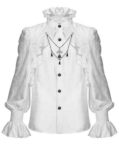 Devil Fashion Mens Gothic Vampire Beaded Crucifix Jacquard Dress Shirt - White