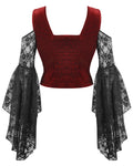 Dark In Love Womens Dark Elegant Gothic Velvet & Lace Applique Blouse Top - Red & Black