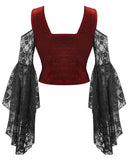 Dark In Love Womens Dark Elegant Gothic Velvet & Lace Applique Blouse Top - Red & Black