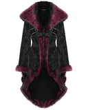 Eva Lady Womens Baroque Gothic Damask Winter Coat With Faux Faur Trims - Black & Red