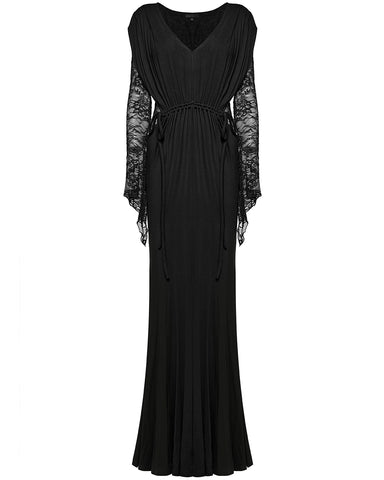 Punk Rave Womens Long Gothic Lace Sleeves Ruched Maxi Dress