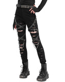 Devil Fashion Womens Apocalyptic Punk Shredded Chain & Strap Skinny Jeans