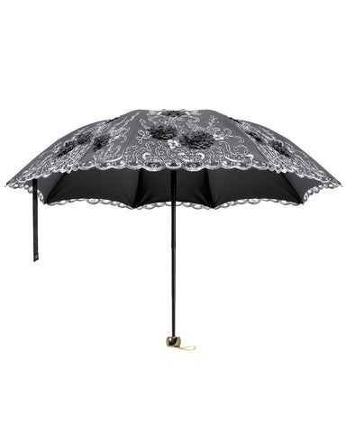 Dark In Love Womens Lolita Elegant Embroidered Floral Parasol Umbrella - Black & White