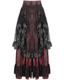 Devil Fashion Womens Long Gothic Jacquard & Lace Bustle Maxi Skirt - Red & Black