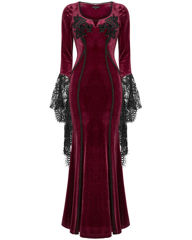 Punk Rave Daily Life Womens Long Gothic Velvet Applique Maxi Dress - Red