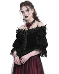 Eva Lady Baroque Gothic Velvet Feathered Rose Embellished Blouse Top - Black
