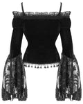 Eva Lady Dark Devore Gothic Velvet & Flocked Mesh Off Shoulder Top - Black