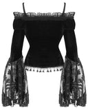 Eva Lady Dark Devore Gothic Velvet & Flocked Mesh Off Shoulder Top - Black