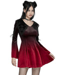 Punk Rave Womens Gothic Velvet Mini Dress With Oversize Embellished Collar - Red & Black Gradient