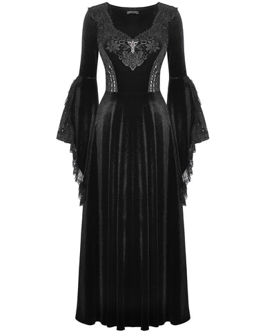 Dark In Love Long Gothic Velvet & Lace Applique Flared Sleeve Maxi Dress