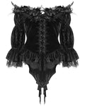 Eva Lady Baroque Gothic Velvet Feathered Rose Embellished Blouse Top - Black
