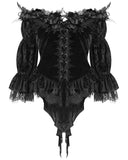 Eva Lady Baroque Gothic Velvet Feathered Rose Embellished Blouse Top - Black