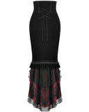 Dark In Love Womens Elegant Gothic Velvet Embroidered Mermaid Skirt - Black & Red