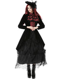 Dark In Love Womens Gothic Velvet & Jacquard Faux Two-Piece Tail Coat Frock Jacket - Black & Red