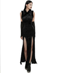 Punk Rave Womens Gothic Embossed Rose Velvet & Faux Fur Cheongsam Dress - Black