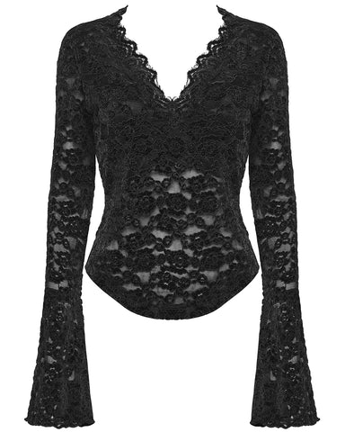 Punk Rave Womens Elegant Floral Lace V-Neck Top - Black