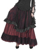 Devil Fashion Womens Long Gothic Jacquard & Lace Bustle Maxi Skirt - Red & Black