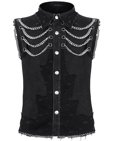 Devil Fashion Mens Wasteland Punk Destroyed Mesh Chained Sleeveless Vest Shirt