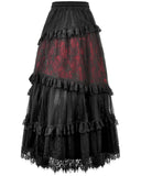 Dark In Love Womens Long Gothic Spliced Lace Maxi Skirt - Red & Black