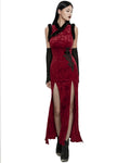 Punk Rave Womens Gothic Embossed Rose Velvet & Faux Fur Cheongsam Dress - Red