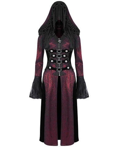 Devil Fashion Womens Long Gothic Fringed Hood Cloak Coat - Red & Black