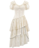 Dark In Love Womens Steampunk Asymmetric Lace Ruffle Dress - Vintage Off-White