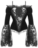Eva Lady Dark Devore Gothic Velvet & Flocked Mesh Off Shoulder Top - Black