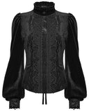 Punk Rave Womens Elegant Gothic Striped Velvet & Lace Applique Blouse Top - Black
