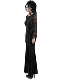 Punk Rave Womens Long Gothic Velvet & Lace Applique Maxi Dress - Black