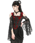 Dark In Love Womens Dark Elegant Gothic Velvet & Lace Applique Blouse Top - Red & Black