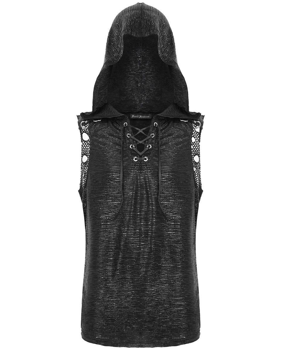 トップス Devil'n Bass Lace-up Zip Gimmick Vest Punk Rave Mens Apocalyptic Gothic Spliced & Shredded Hooded Tank