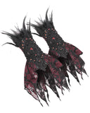 Eva Lady Dark Devore Baroque Gothic Velvet Beaded Cuff Gloves - Black & Red