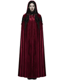 Punk Rave Womens Long Gothic Velvet & Lace Applique Hooded Cloak - Red & Black